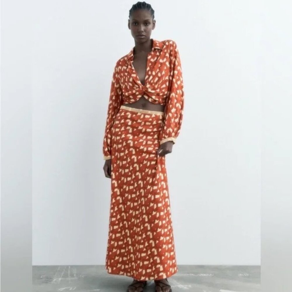 Zara Orange and Cream Skirt Set with beaded detail  Size XL EUC